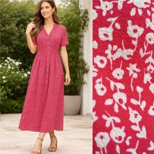 Red White Floral Button-Front Smocked Waist Dress 6 Secretary Office Spring